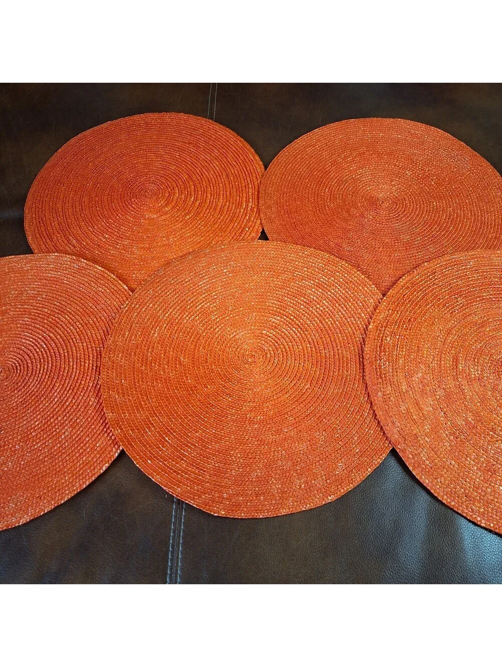 Woven Vintage Round Orange Straw Placemats 15 Inches Diameter - Set Of 5